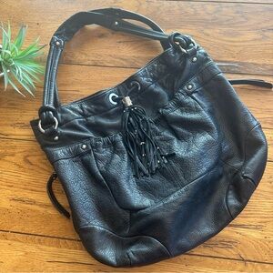 B. Makowsky Black Leather Drawstring Shoulder bag